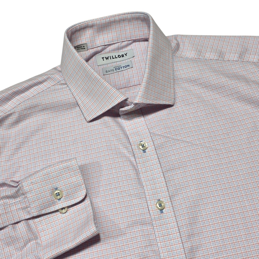 Twillory Dress Shirt Mens 16.5 34/35 Pink Blue Check Non-Iron Safe Cotton